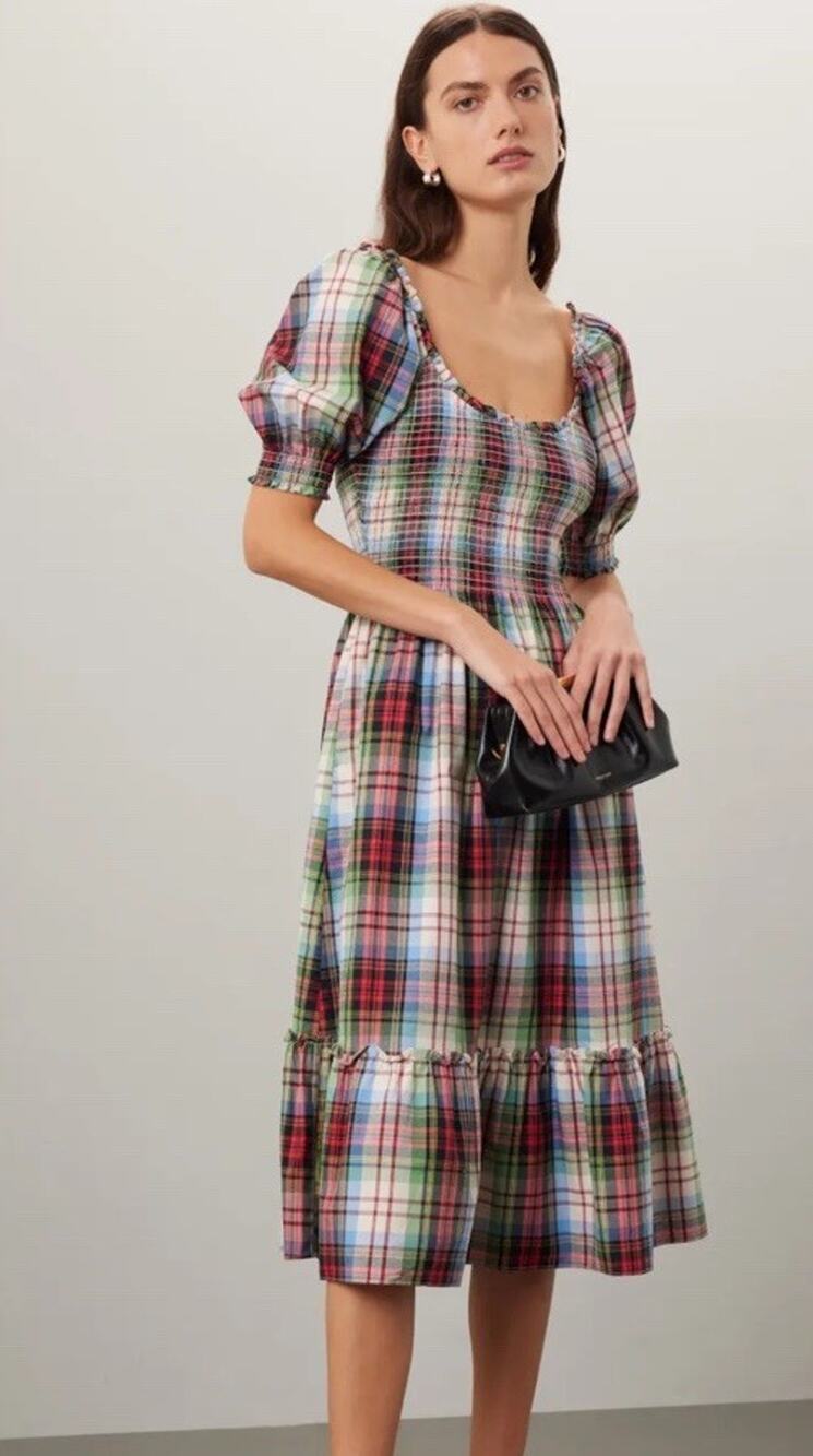 HILL HOUSE Midi Dress Louisa Nap Ivory Tartan Plaid | Size S Holiday Fall Preppy